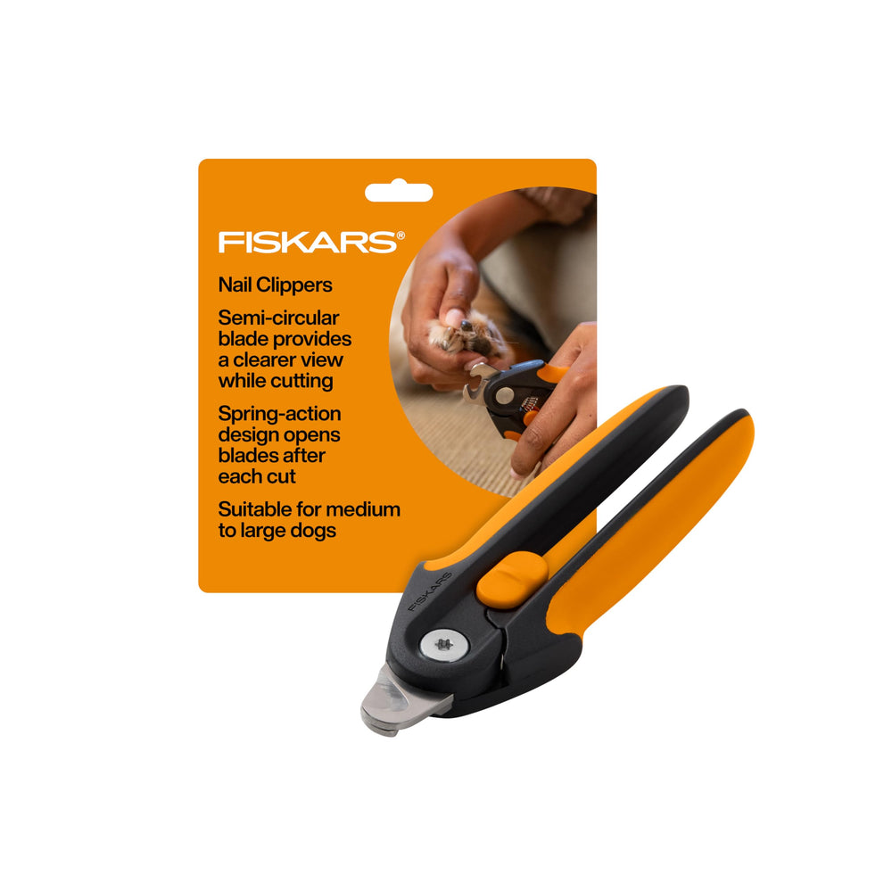 Fiskars Pet Large Nail Clippers with semi-circular blade for precise trims.