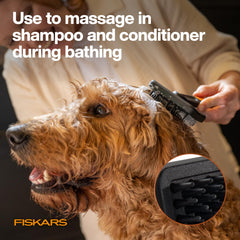 Fiskars Pet Massage Brush 6.5-inch length for easy handling.