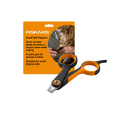 Fiskars pet nail clippers with semicircular blade for precise trimming and visibility.