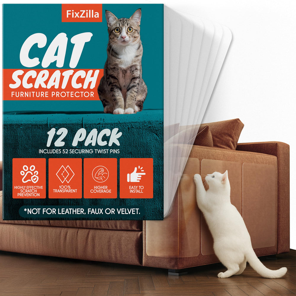 FixZilla anti-cat-scratch furniture protector 12-pack shields upholstery from claw marks while remaining discreet.