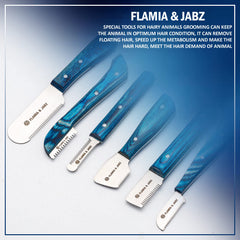 FLAMIA & JABZ FJ stripping knife with coarse teeth blade for heavy undercoat removal.