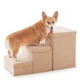 Flashing Fire dog stairs with storage beside a bed, a tidy climbing solution.