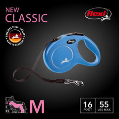 Flexi New Classic Tape Leash blue handle demonstrates one-handed brake.