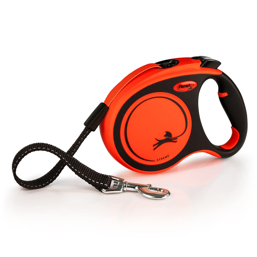 Flexi New Classic tape leash in orange and black for secure, comfortable 16-foot walks.