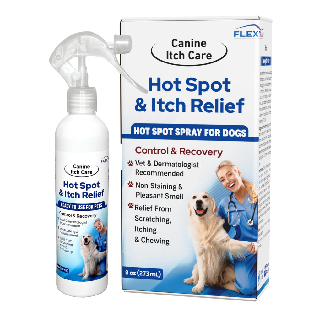 FlexTran Canine Itch Care spray bottle front view for quick skin relief.