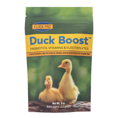 Flock Pro Duck Boost with probiotics dissolves in water to support duckling digestion.