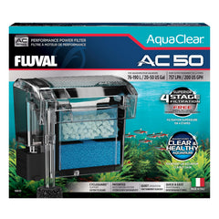 Fluval AC50 filter front view demonstrating compact design for efficient tank filtration.