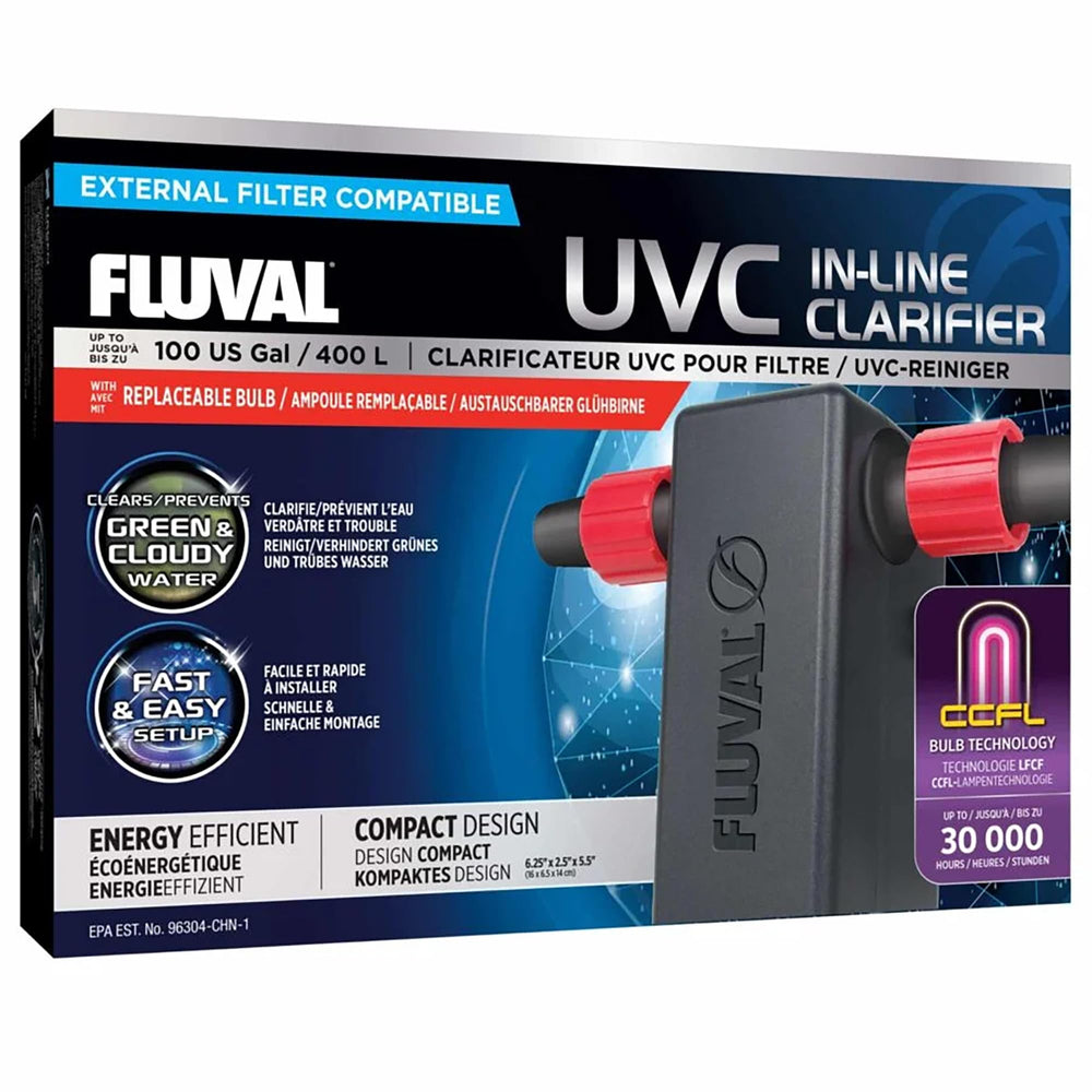 Fluval In Line UVC Clarifier installation closeup, compact inline design for easy setup.
