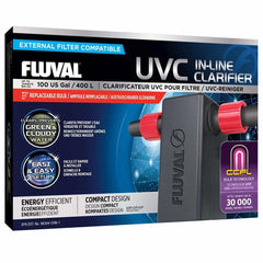 Fluval In Line UVC Clarifier installation closeup, compact inline design for easy setup.