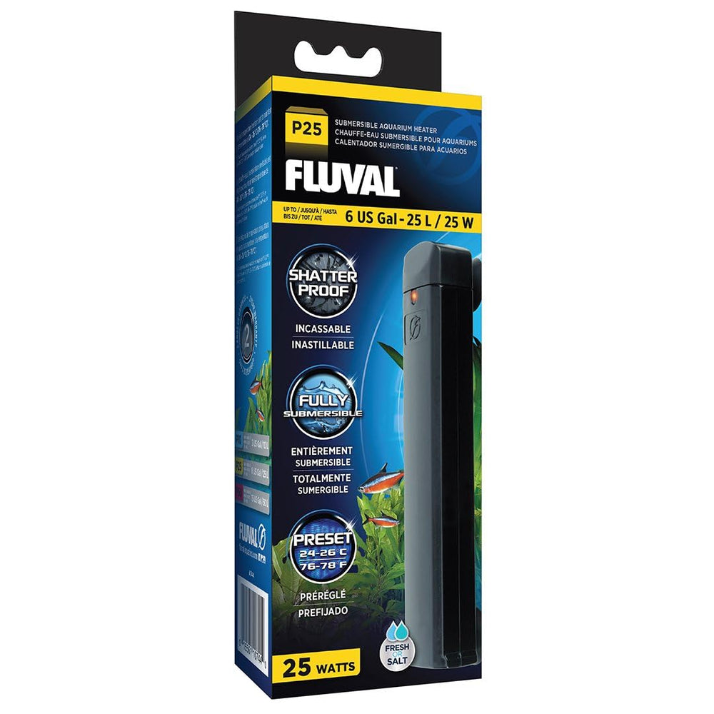 Fluval P25 submersible heater with LED indicator maintains stable nano tank temperature.