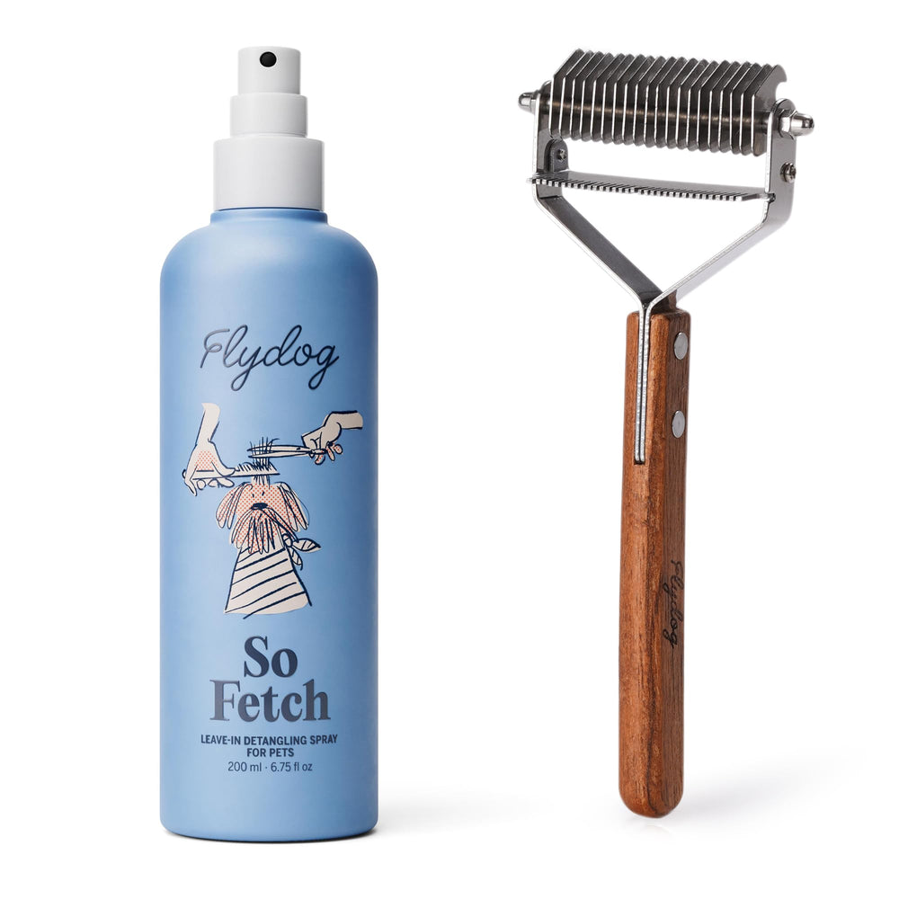 FlyDog detangler spray bottle ready for quick grooming and odor control