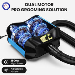 Flying Pig Grooming dryer dual-motor setup enables robust airflow for thick fur