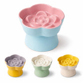 FOCPB ceramic elevated slow feeder bowl blue front view promotes slower eating
