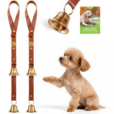FOLKSMATE leather dog door bell setup mounted on a door handle for potty training.