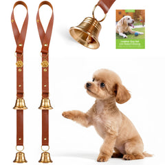 FOLKSMATE leather dog door bell setup mounted on a door handle for potty training.