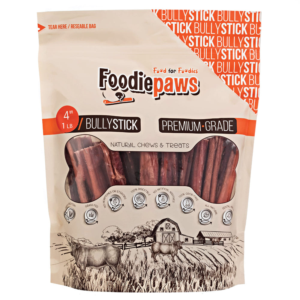 FOODIEPAWS bully sticks 1lb pack, a long-lasting chew for dogs.