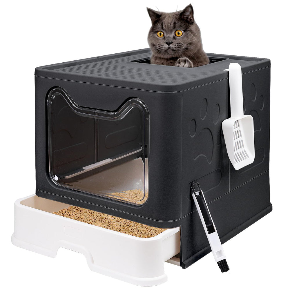Fophop foldable cat litter box with lid in black, ideal for space-saving storage.