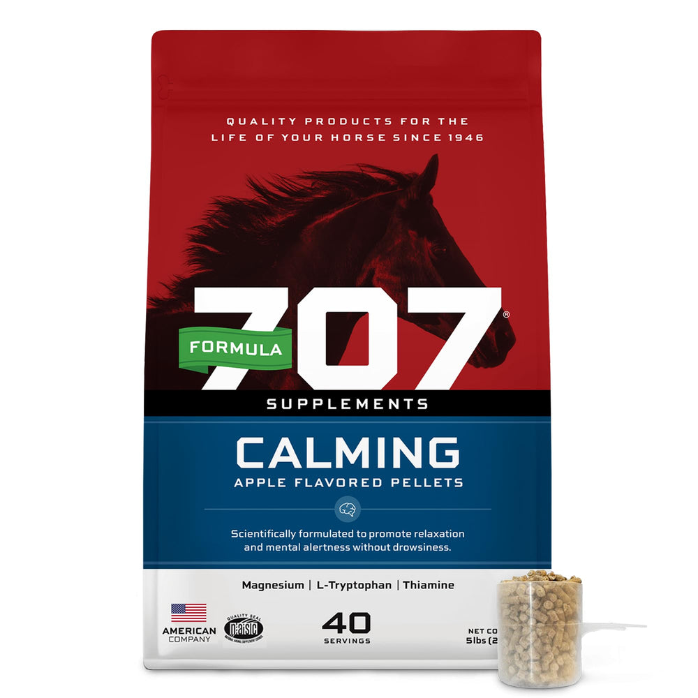 Formula 707 Calming Equine Supplement bottle with anxiety-support labeling.