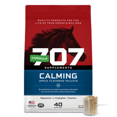 Formula 707 Calming Equine Supplement bottle with anxiety-support labeling.