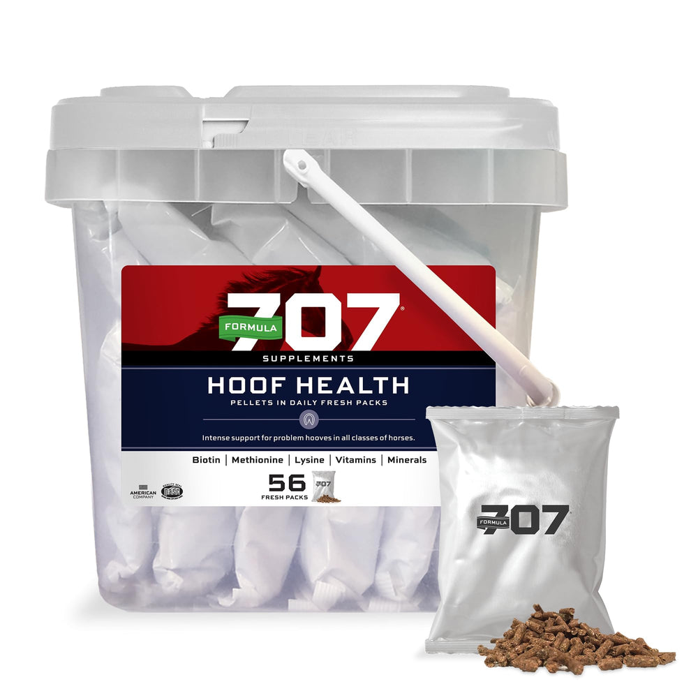 Formula 707 hoof health daily fresh pack closeup showcases easy dosing for daily feeding.