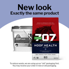 Close-up of Formula 707 Hoof Health label highlights vet-approved formula.