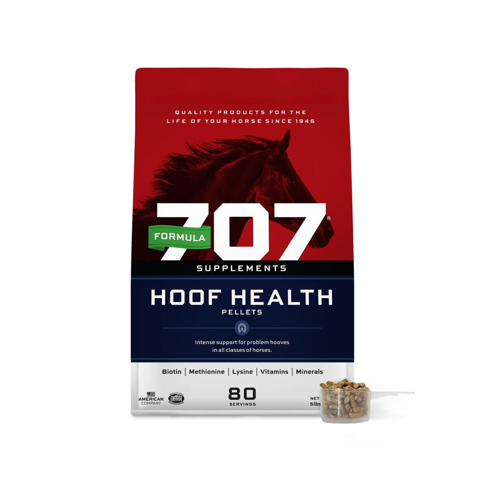 Formula 707 Hoof Health pellets bottle front demonstrates palatable hoof support.
