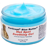 Forticept Blue Butter hot spot gel on skin soothes irritation in pets.