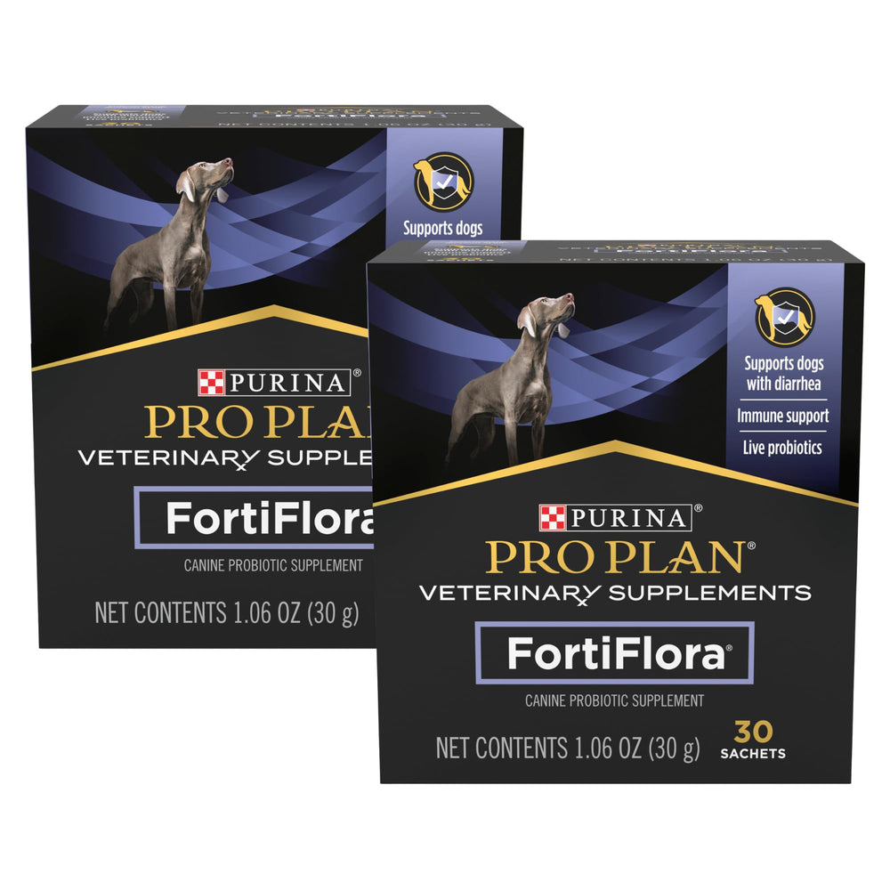 FortiFlora dog probiotic powder packaging showing easy gut health support for dogs