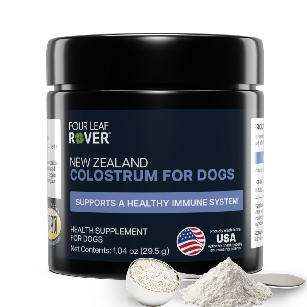 Four Leaf Rover colostrum dog tub for daily gut and immune support.