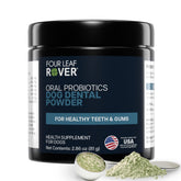 FOUR LEAF ROVER Dental Powder for Dogs packaging front highlighting probiotic formula for daily dental care.