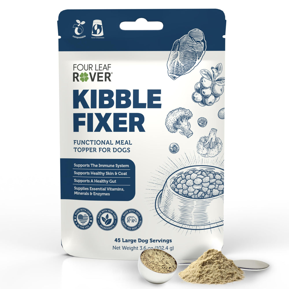 Four Leaf Rover Kibble Fixer bottle pour for easy daily meal toppers aiding digestion-friendly feeding.