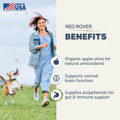 Nutrition label highlights organic berries and apple skins for dogs.