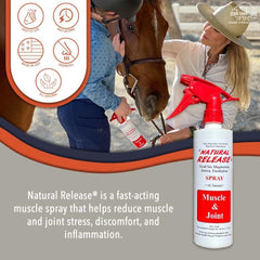 Four Oaks Farm Natural Release Muscle Spray 16oz bottle ready for barn use