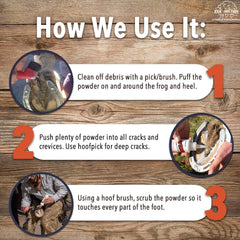 Four Oaks No Thrush powder is applied to heel cracks to support healing.