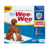 Four Paws Wee-Wee odor control pads packaging shown for easy home setup.