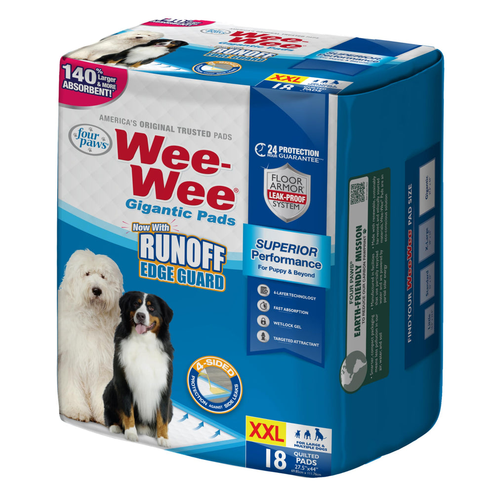 Four Paws Wee-Wee run-off guard pad traps spills to protect floors.