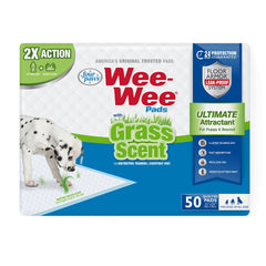 Four Paws Wee-Wee Ultimate attractant pad with grass scent aids indoor potty training.