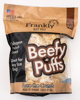 Frankly Beefy Puffs in a resealable bag for convenient on the go snacking.