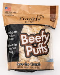 Frankly Beefy Puffs in a resealable bag for convenient on the go snacking.