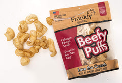 Frankly Venison Beefy Puffs close-up ingredients and texture, protein-packed snack