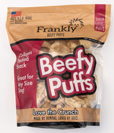 Frankly Venison Beefy Puffs bag front showing a collagen-packed dog treat