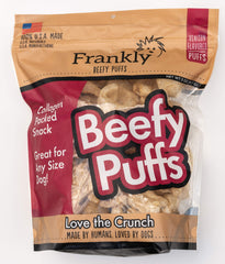 Frankly Venison Beefy Puffs bag front showing a collagen-packed dog treat