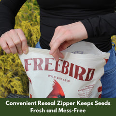 FREEBIRD Wild Bird Seed sunflower-safflower mix poured into a feeder