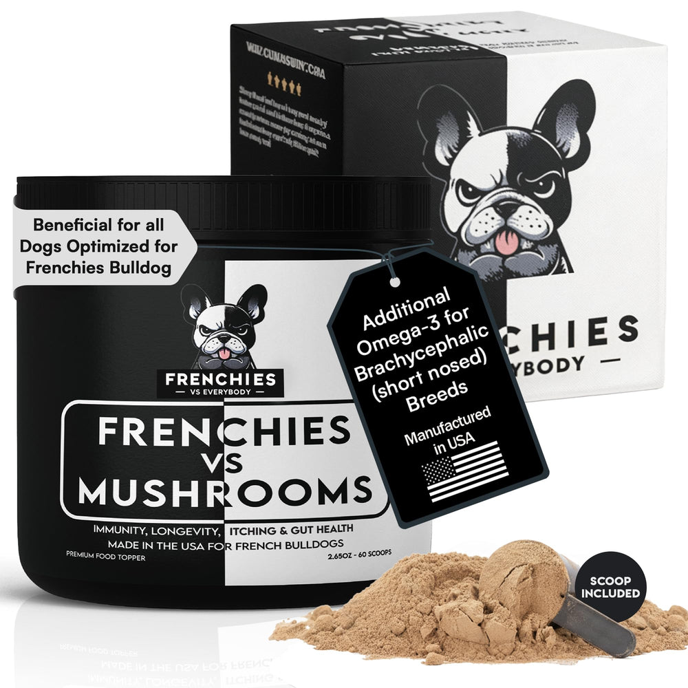 Frenchies vs Everybody turkey tail dog supplement bottle for easy daily dosing and immune support