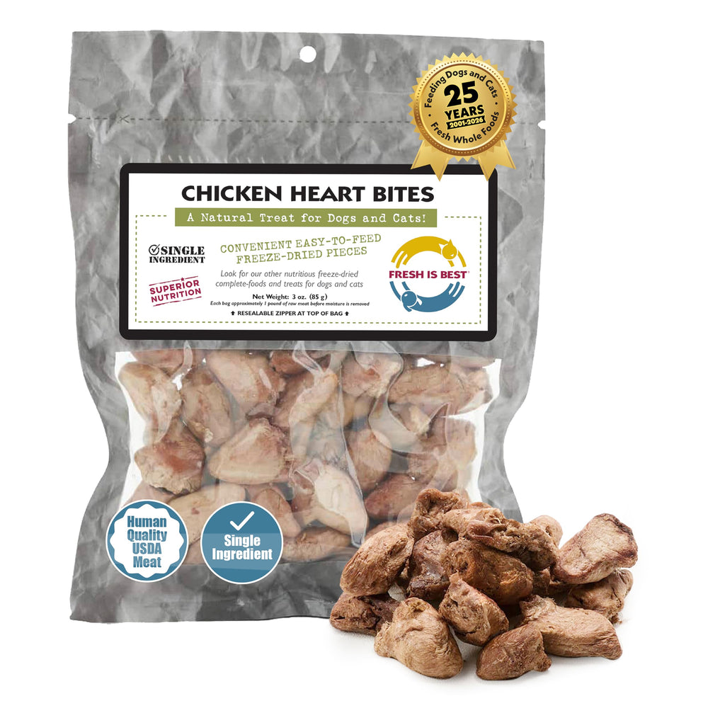 Fresh Is Best freeze-dried chicken hearts package front for training rewards.