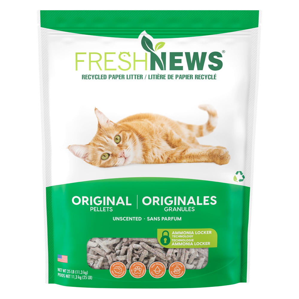 Fresh News Original Pellet Litter bag shows absorbent, dust-free pellets for a cleaner box.