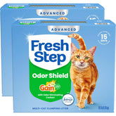 Fresh Step Advanced Odor Shield box shows multi-cat solution for busy homes