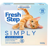 Fresh Step Advanced unscented clumping litter visible in box, front view highlighting fragrance-free option for odor control