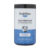 Fresh Wave litter box odor gel bottle near the litter area for deodorizing scents.
