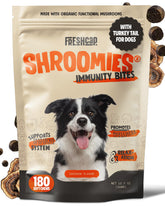 FreshCap Mushrooms Shroomies bottle front with 180 soft chews for dogs, immune support.